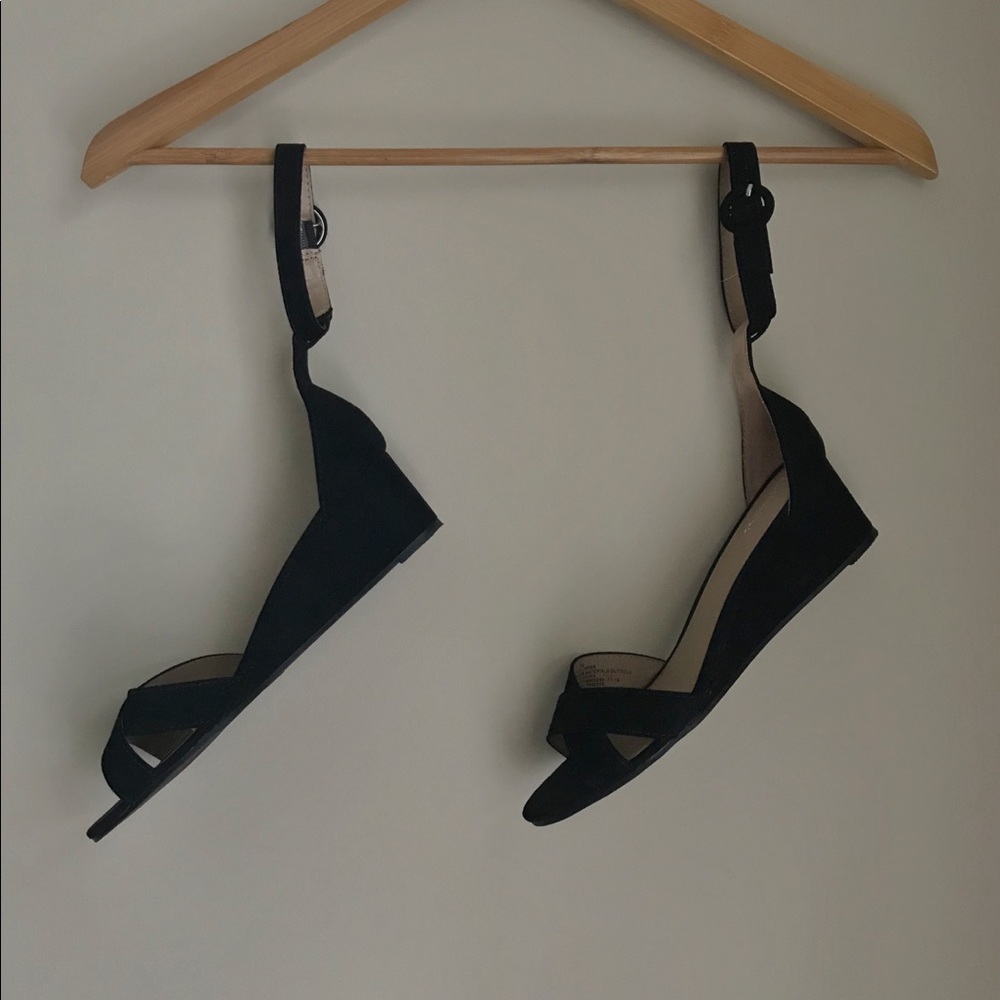 Black Strap-On Wedge Heels